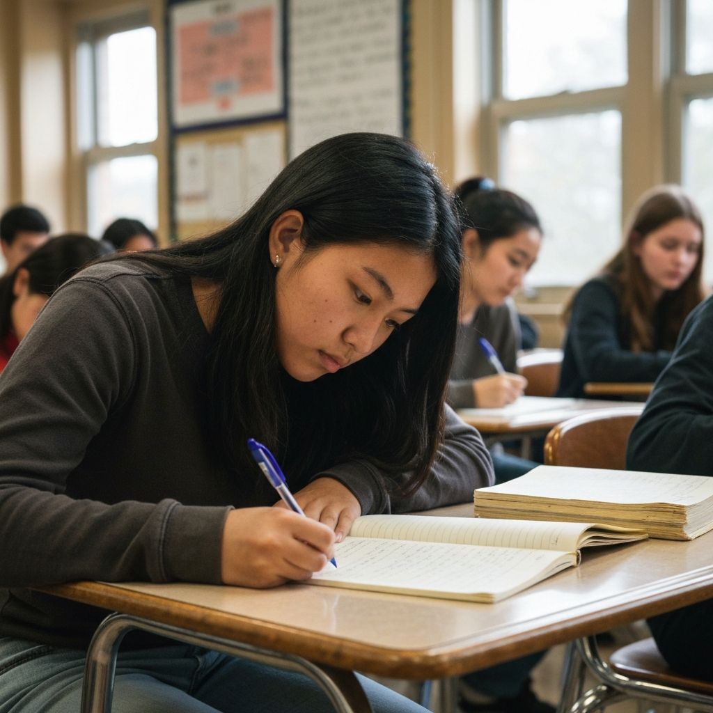 Student focused on writing in a classroom setting