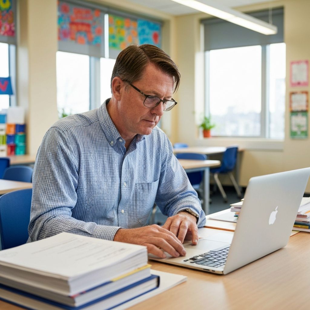 Teacher using AI detection tools on laptop